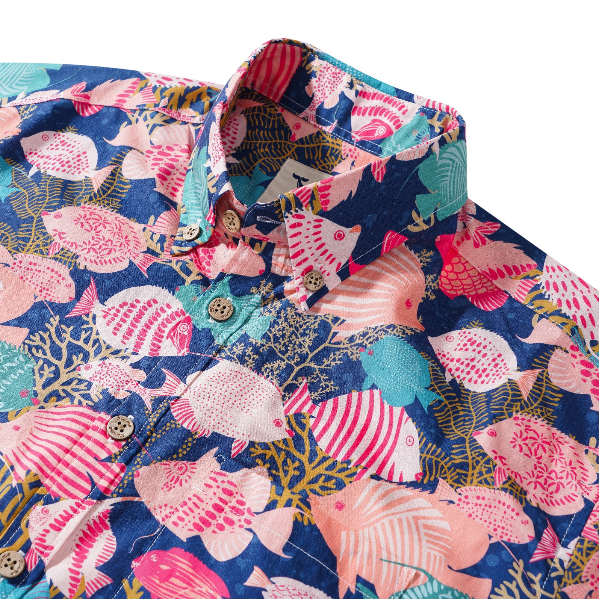 Chemise hawaïenne masculine à manches courtes à manches courtes 100% coton Aloha Fishes heureux dans le récif corallien par Annick