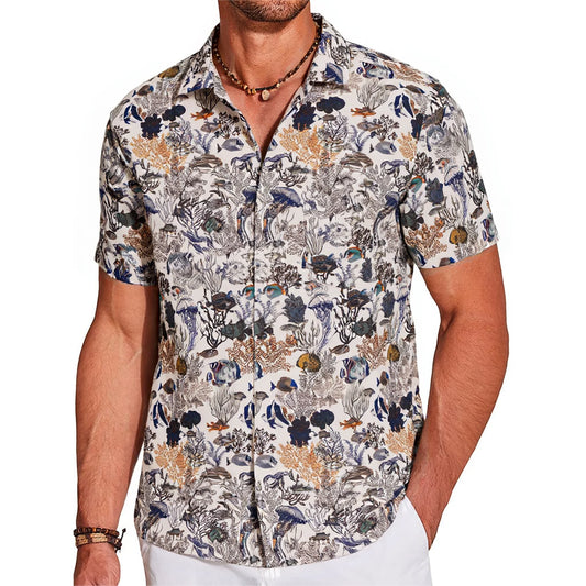 LeosWare® Men's Hawaiian Shirt Short Sleeve Button-up 100% Cotton Blue Aloha Fresh Oceanic Marine Ecological Pattern Design