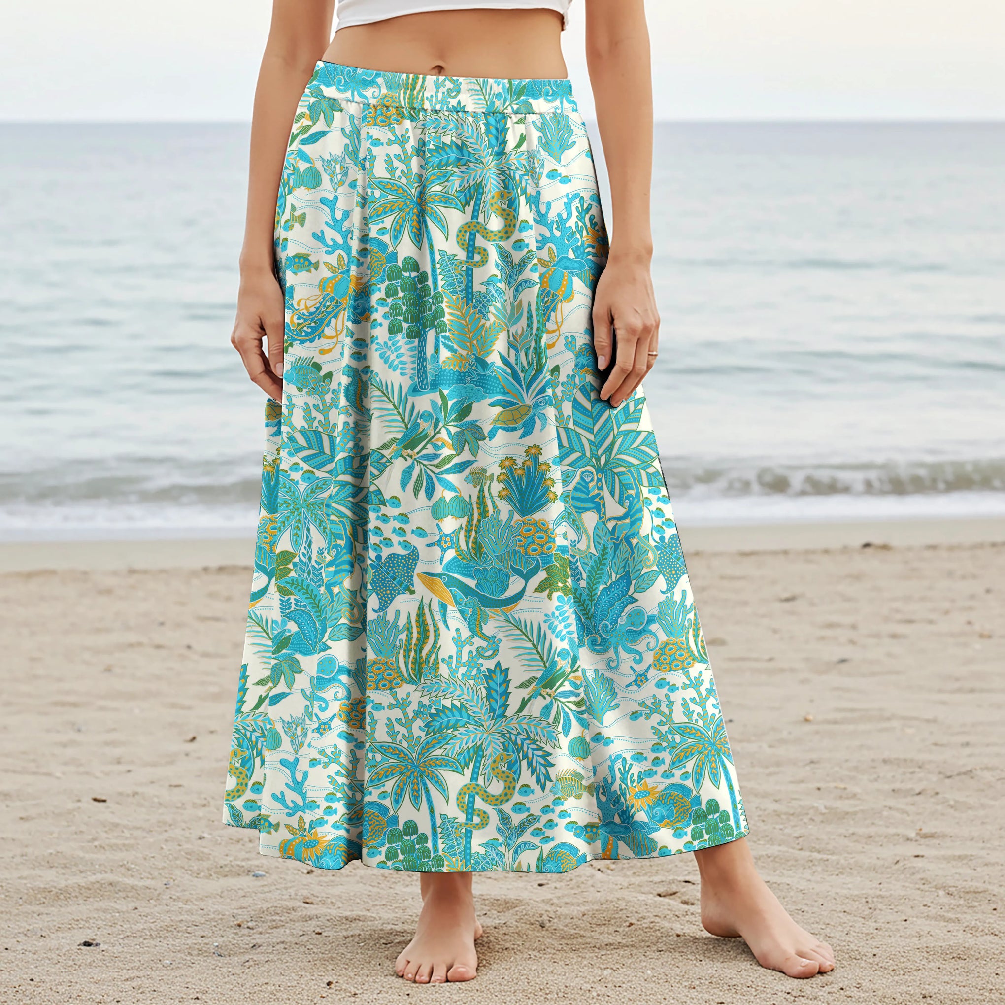 Women Casual Maxi Skirt Long Elastic Waist with Pockets 100% Cotton Blue Aloha Fantasy Paradise