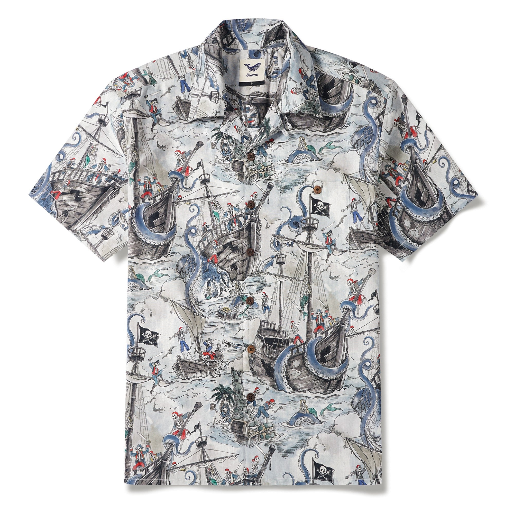 Men's Hawaiian Shirt Short Sleeve Camp Collar 100% Cotton Blue Aloha Mermaid's Skull Island