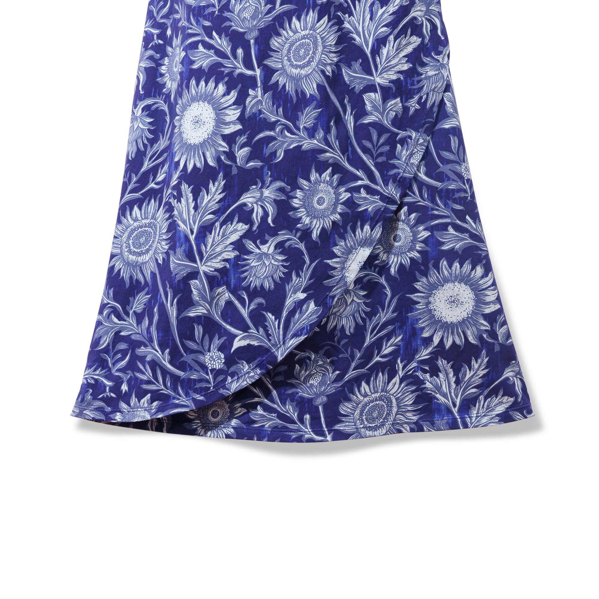 Robe hawaïenne pour femmes en bleu et blanc, en porcelaine, avec des tournesols, décolleté en V et manches longues