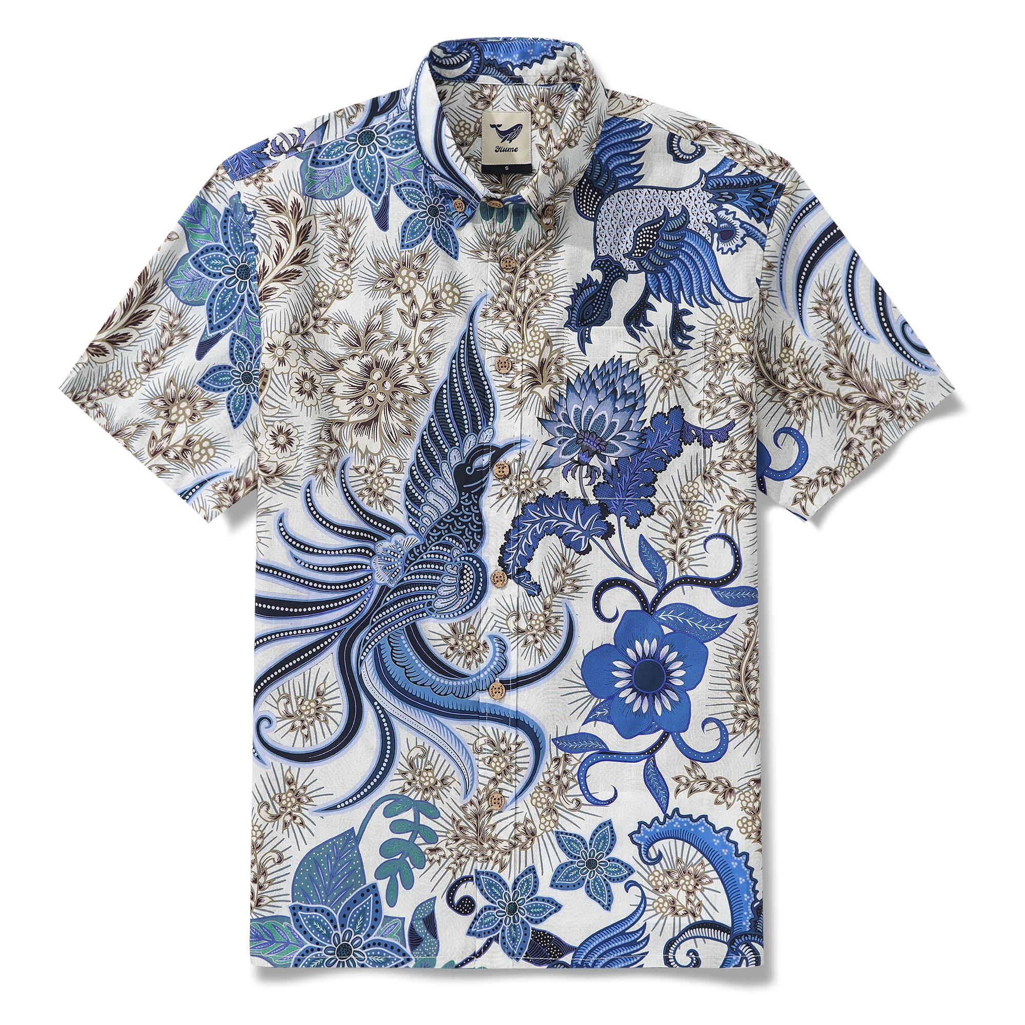 Herren-Hawaiian-Hemd Kurzärmel Button 100% Baumwollblau Aloha Blue Blumen Phoenix