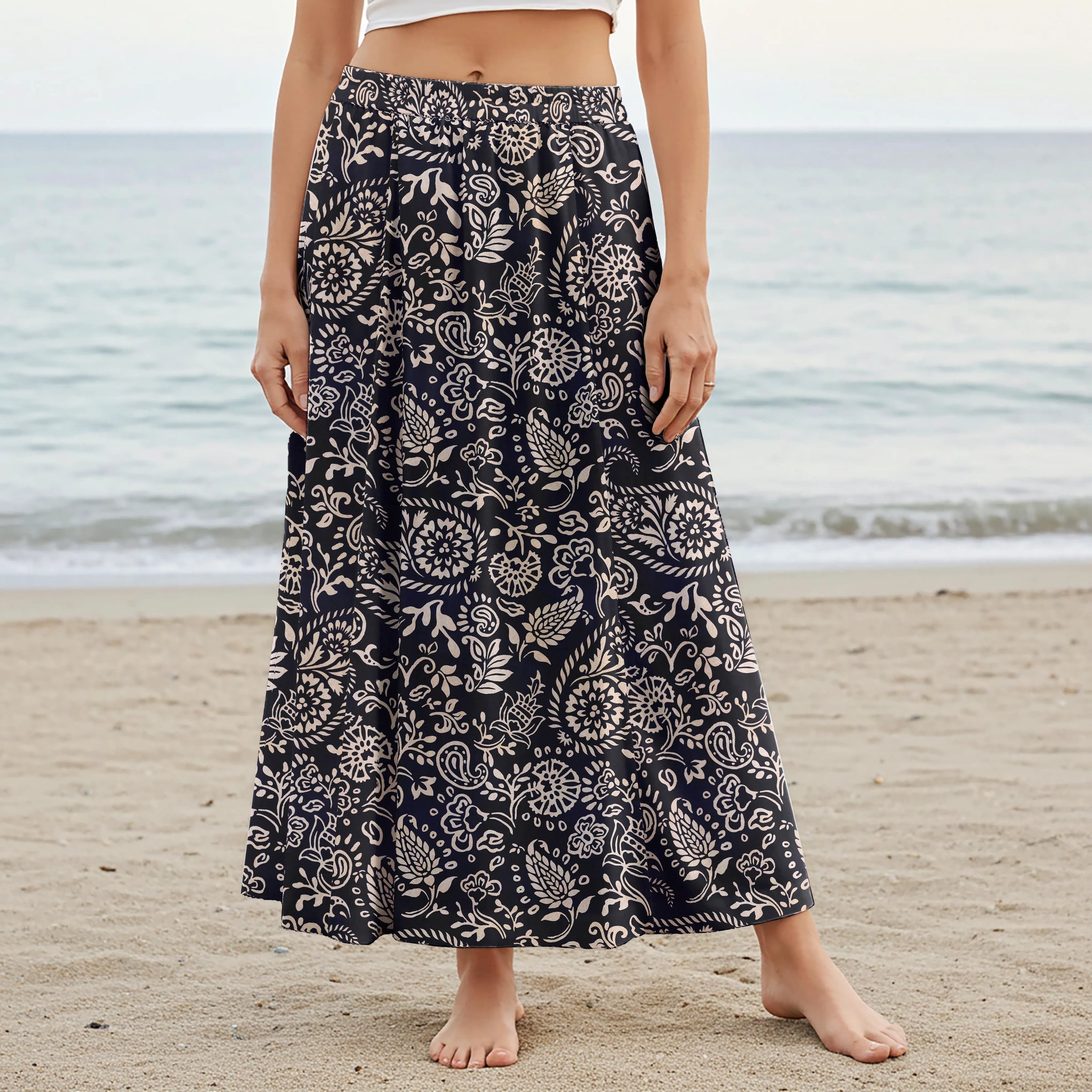 Women Casual Maxi Skirt Long Elastic Waist with Pockets 100% Cotton Black Aloha Elegant Paisley