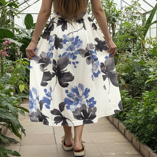 Women Casual Maxi Skirt Long Elastic Waist with Pockets 100% Cotton Blue Aloha Ink Blue Floral Elegance