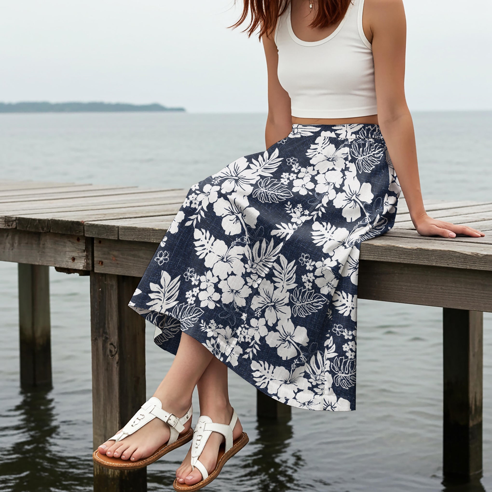 Women Casual Maxi Skirt Long Elastic Waist 100% Cotton Blue Aloha Tropical Hibiscus Charm