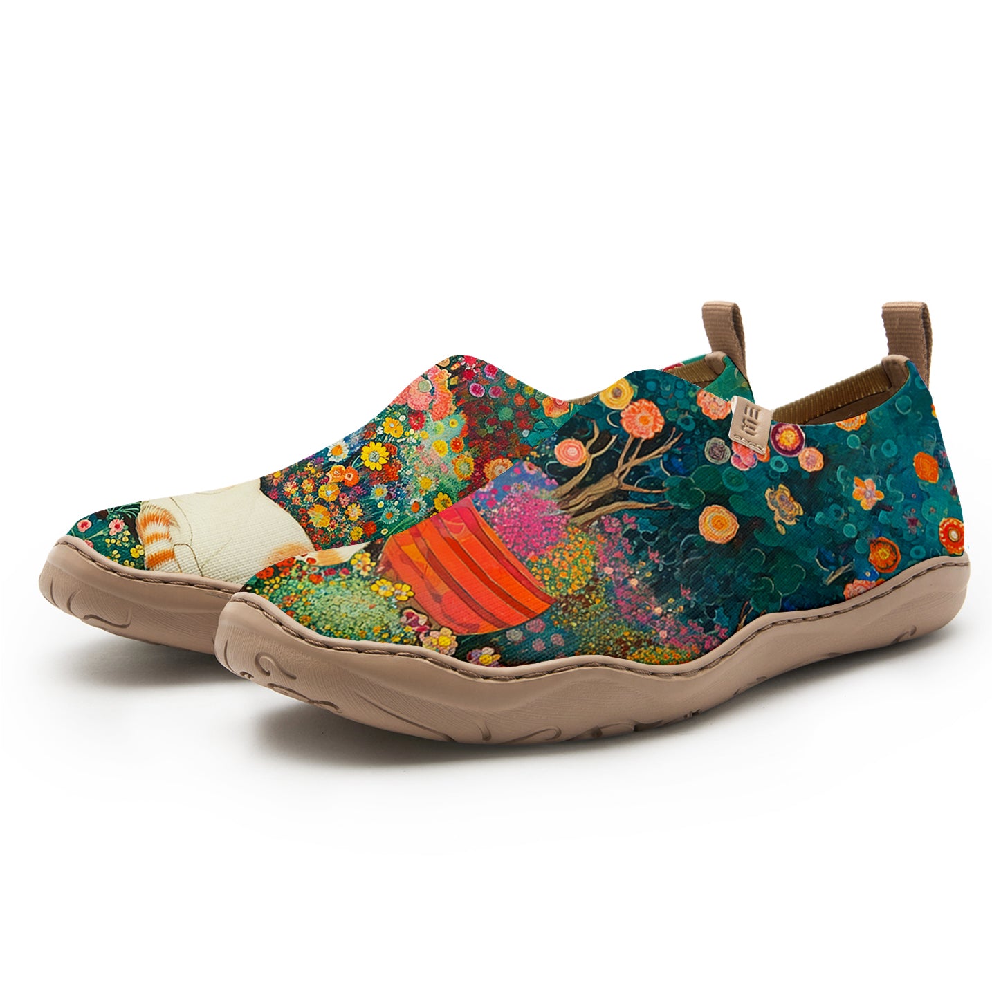 Yiume Frauenkunst Slip-on-Schuhe bequeme atmungsaktive Strick-Freizeitschuhe, schnurren Blütenblätter grüne Blume Kitty Meadow
