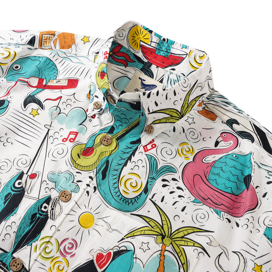 Men's Hawaiian Shirt Short Sleeve Button-down 100% Cotton Blue Aloha Fintastic Vacation By Pallavi Chaudhary