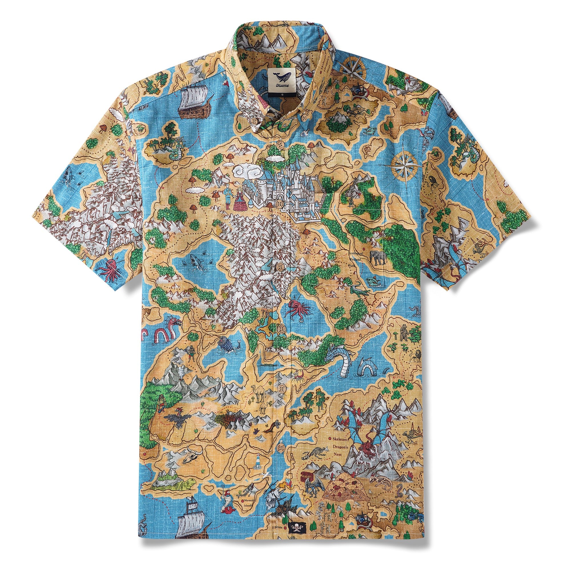 Men's Hawaiian Shirt Short Sleeve Button-down 100% Cotton Blue Aloha Enchanted World Adventure Map