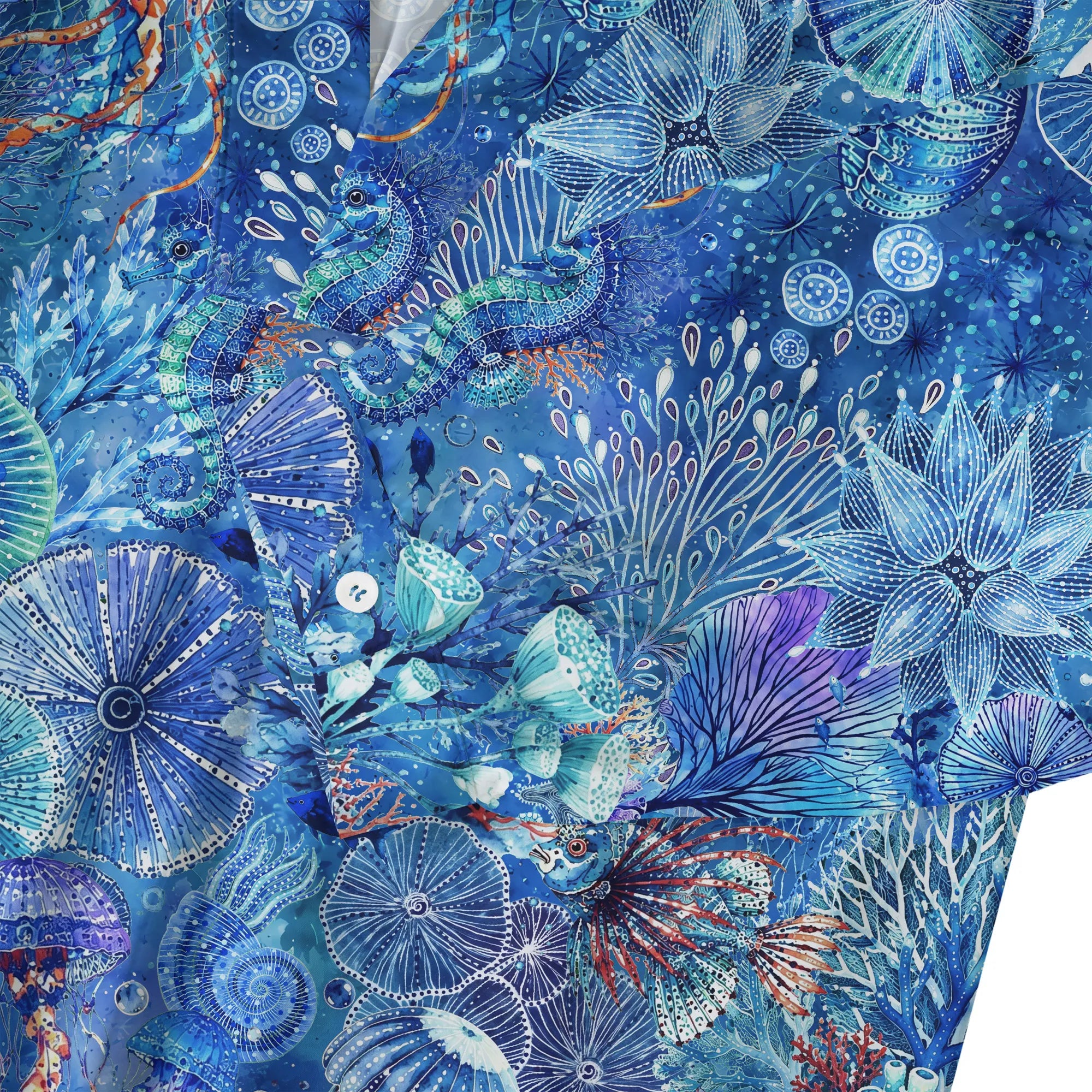 Women's blue art shirt with tropical fish and coral pattern