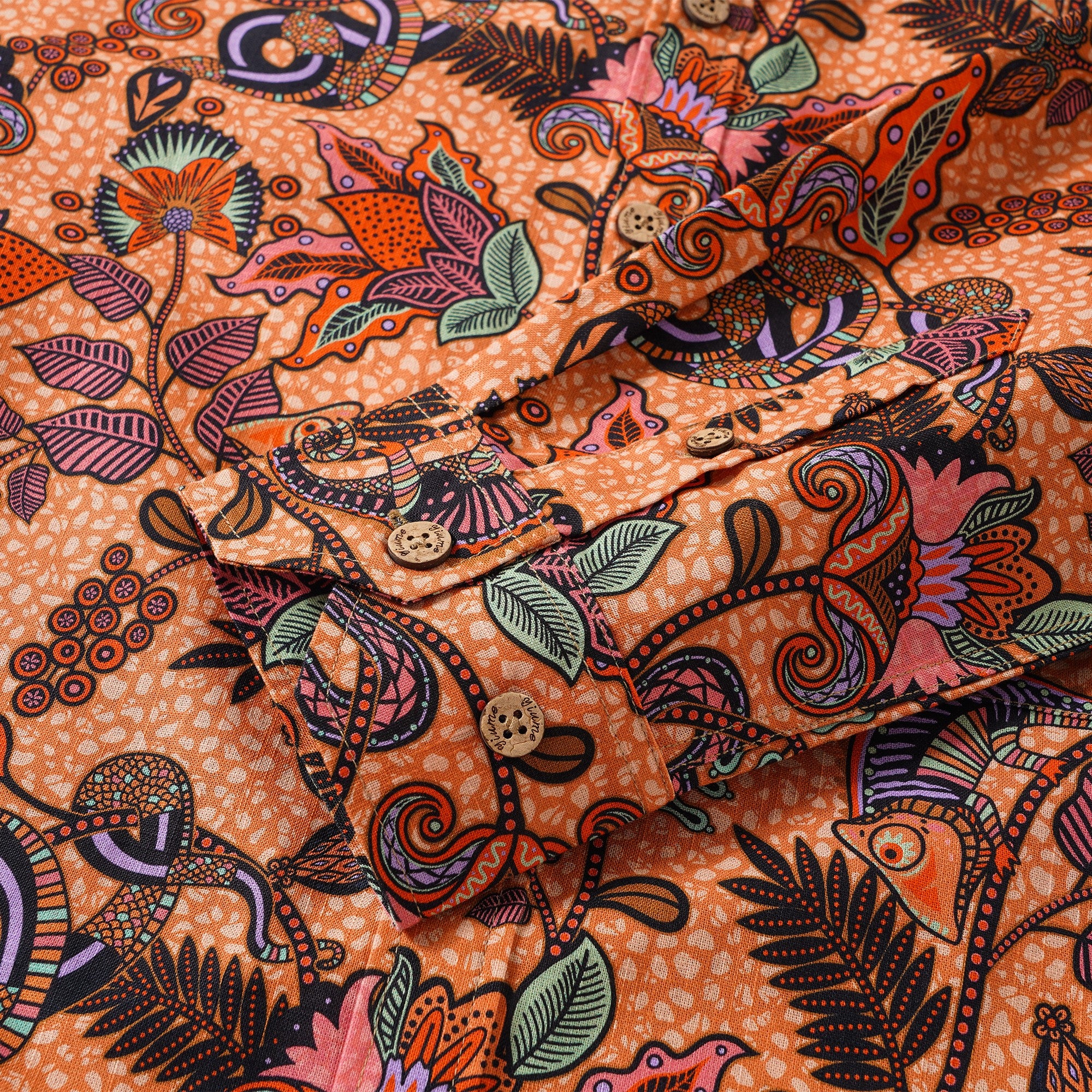 Men's Hawaiian Shirt Long Sleeve Button-down 100% Cotton Black Aloha Chameleon Ankara