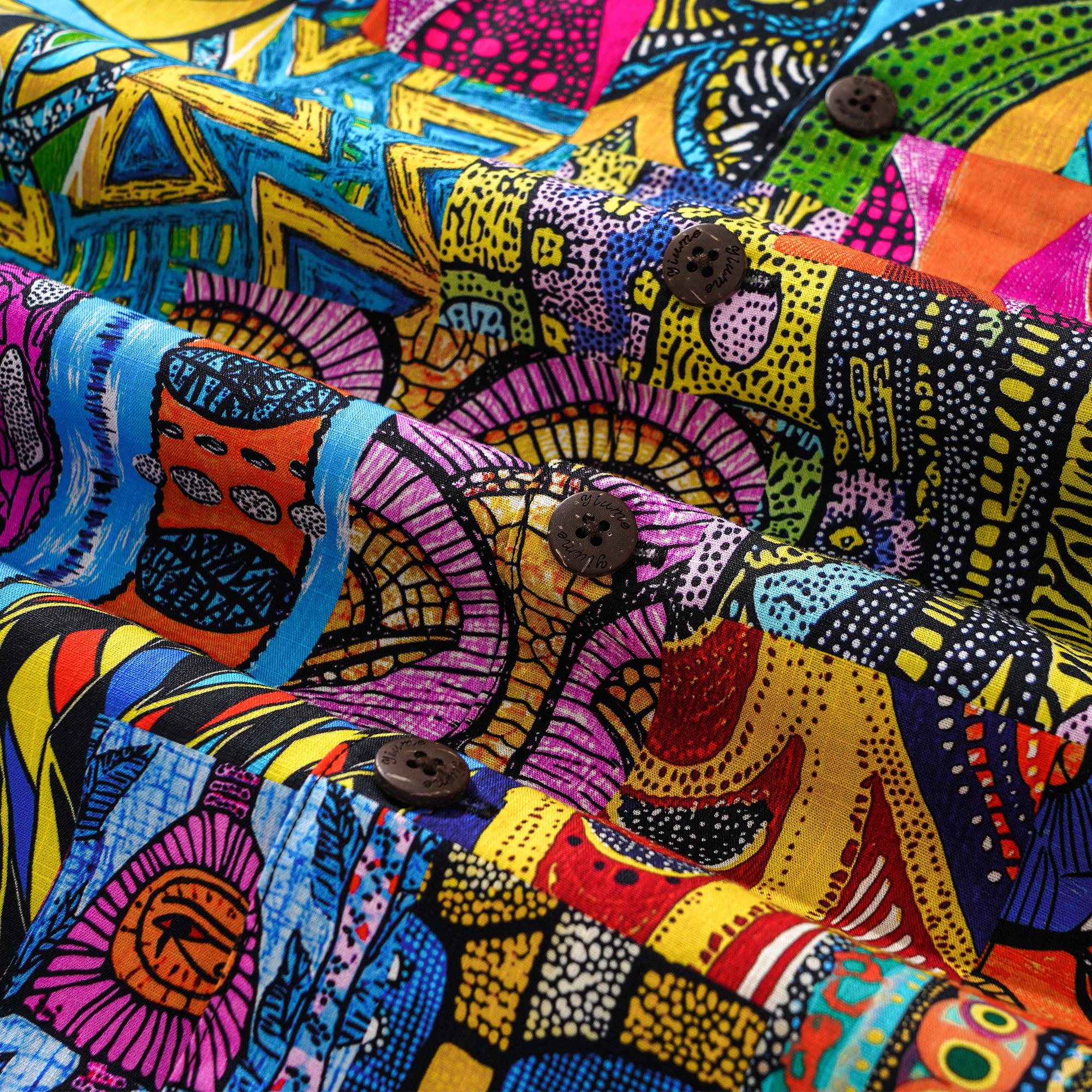 Herren Hawaiian Shirt Afrikanisches Druckhemd 100% Baumwolle Kurzarm Camp Kragen Aloha Shirt