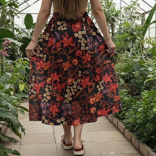 Women Casual Maxi Skirt Long Elastic Waist with Pockets 100% Cotton Red Aloha Dark Floral Legend