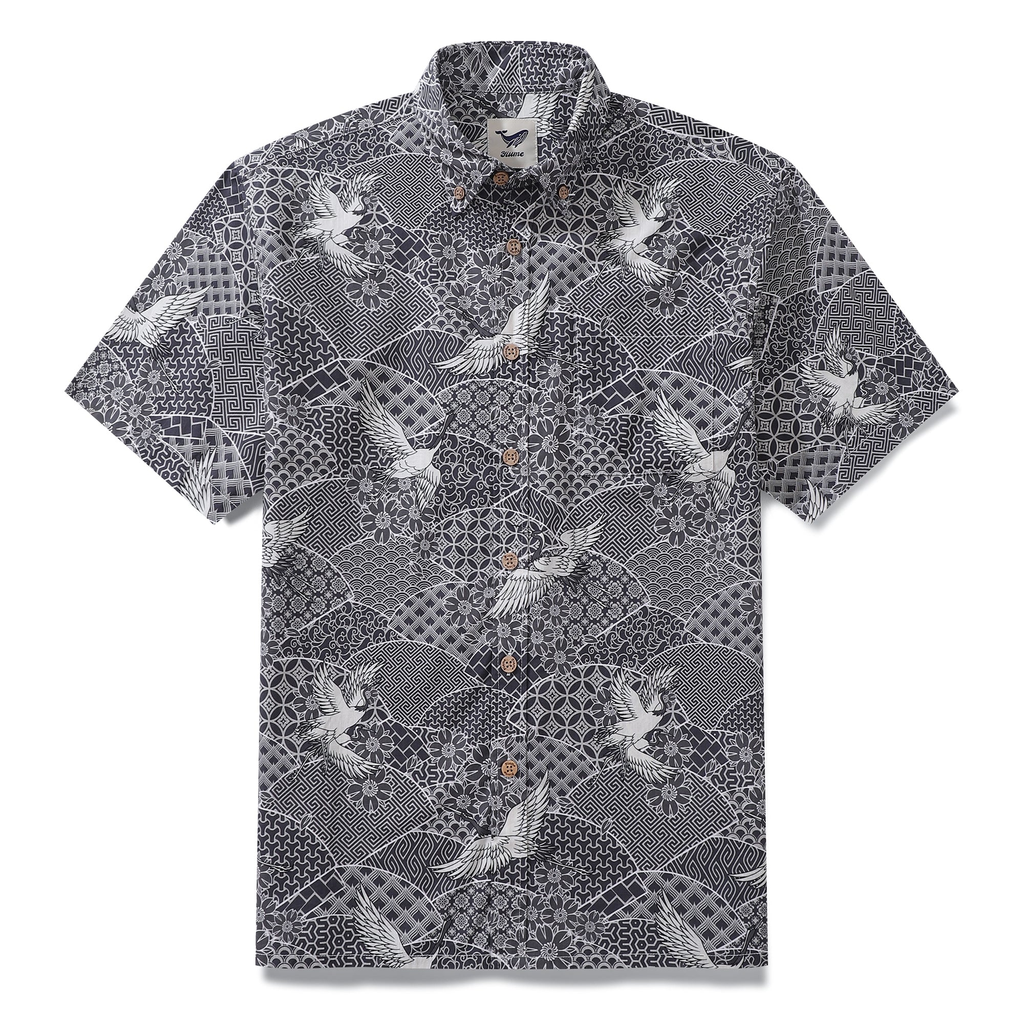Chemise Grise Grue Pour Hommes Chemise Hawaïenne en Coton Chemise Aloha Amusante Chemise à Boutons Courte à Manches
