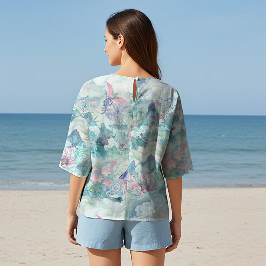 Women Casual Blouse Elbow Sleeve Round Neck Button-Back 95% Lyocell, 5% Linen Blue Aloha Painted Scroll Of The Celestial Garden