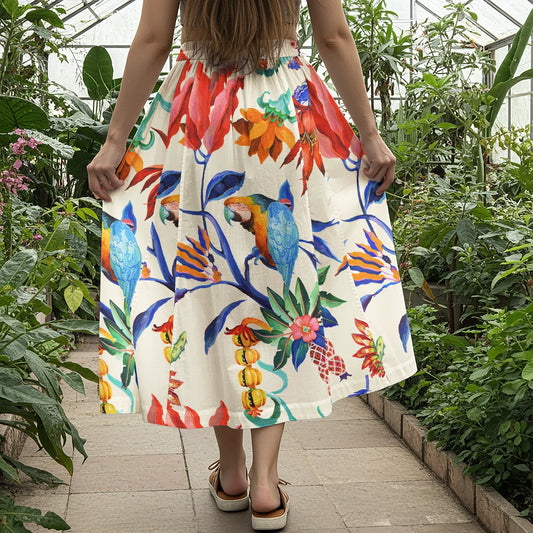 Women Casual Maxi Skirt Long Elastic Waist with Pockets 100% Cotton Orange Aloha Tropical Parrot Flower