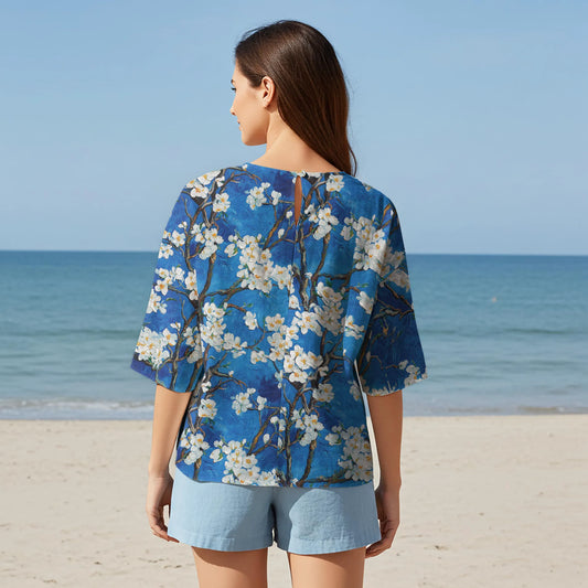 Women Casual Blouse Elbow Sleeve Round Neck Button-Back 95% Lyocell, 5% Linen Blue Aloha White Above Deep Blue