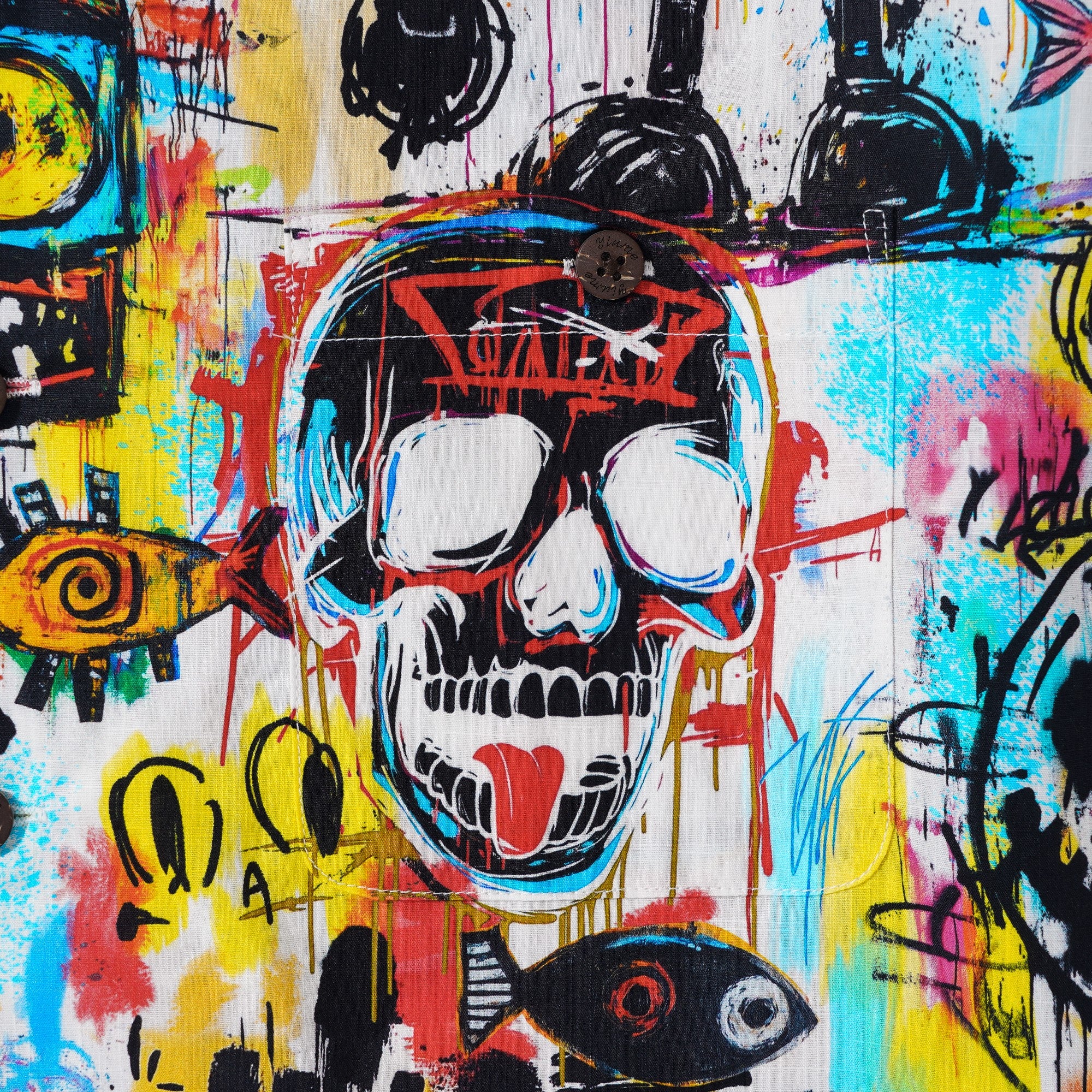 Hawaiian Shirt For Men Halloween Short Sleeve Camp Collar Shirt 100% Cotton White Aloha Graffiti Madness Party