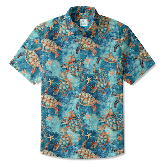 Men's Hawaiian shirt with golden turtle and coral design