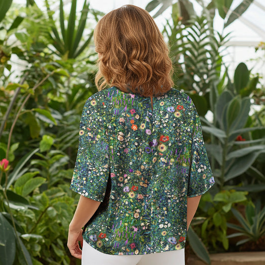 Women Casual Blouse Elbow Sleeve Crew Neck Button-Back 100% Lyocell Green Aloha Artistic Garden