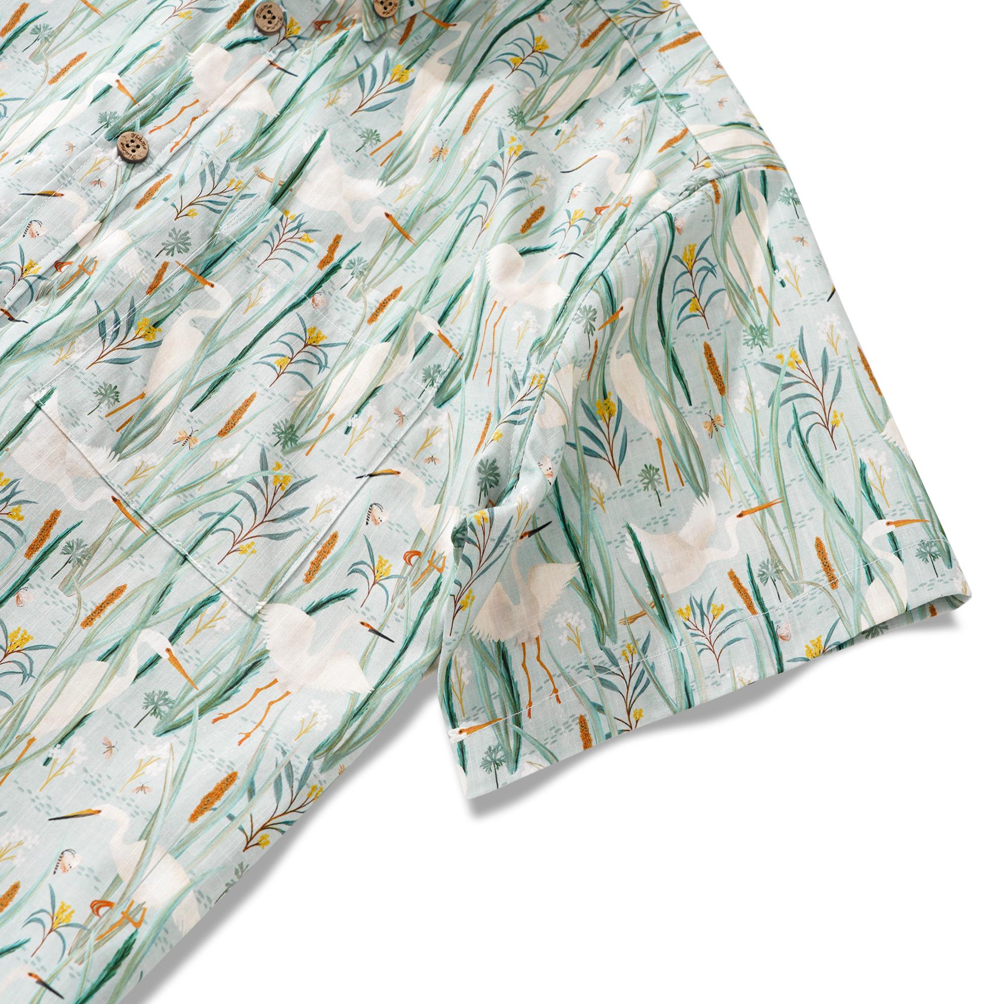 Chemise hawaïenne masculine à manches courtes à manches courtes 100% coton vert aloha oiseaux du billabong par Katherine Quinn