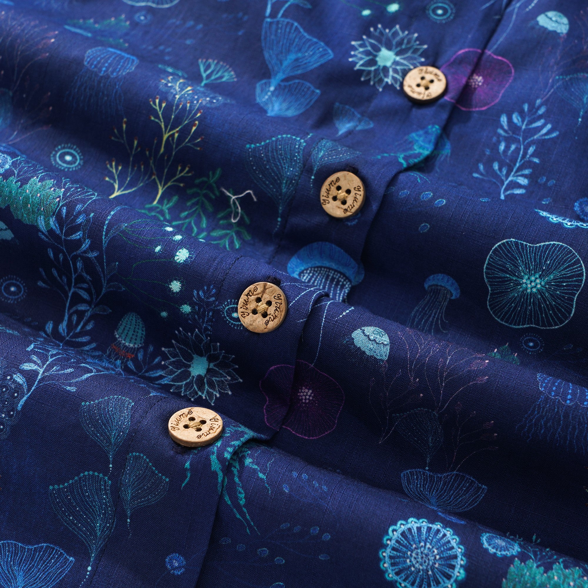 Women's Hawaiian Shirt Short Sleeve Button-up 100% Cotton Blue Aloha Save the Ocean By Catharina Edlund