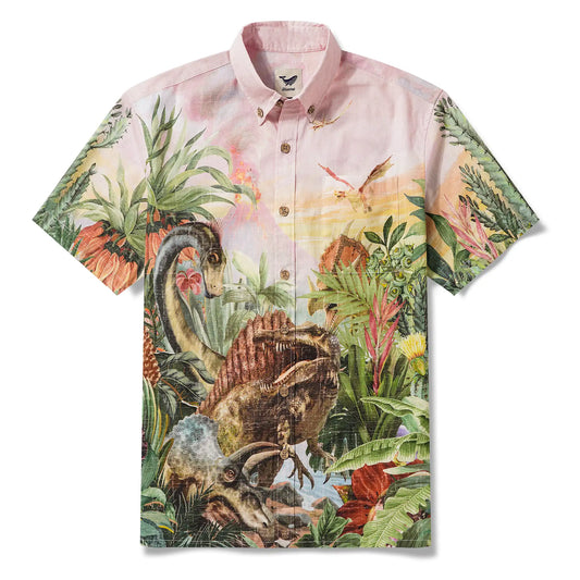 Men's Hawaiian Shirt Short Sleeve Button-down 100% Cotton Green Aloha Vintage Dinosaur Paradise