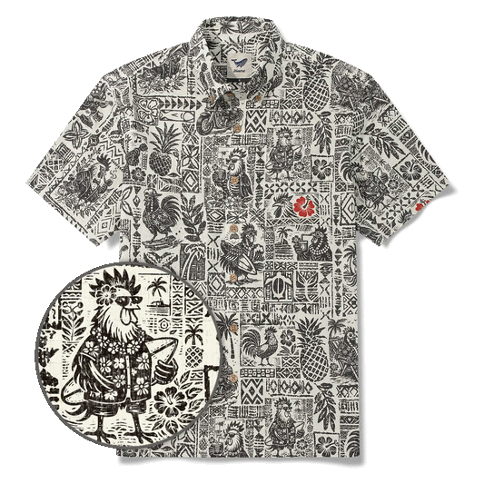 Men's Hawaiian shirt with rooster and tropical patterns