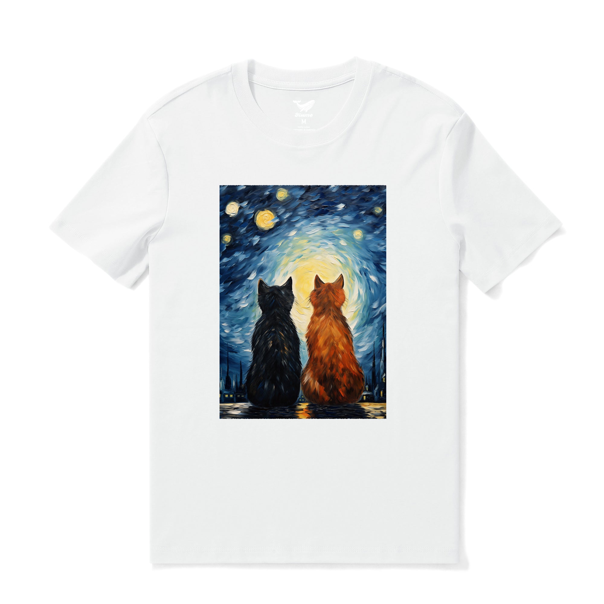 Tee-shirt hawaïen pour hommes Cats In Love Van Gogh Tee Crew Neck 100% Coton - BLANC