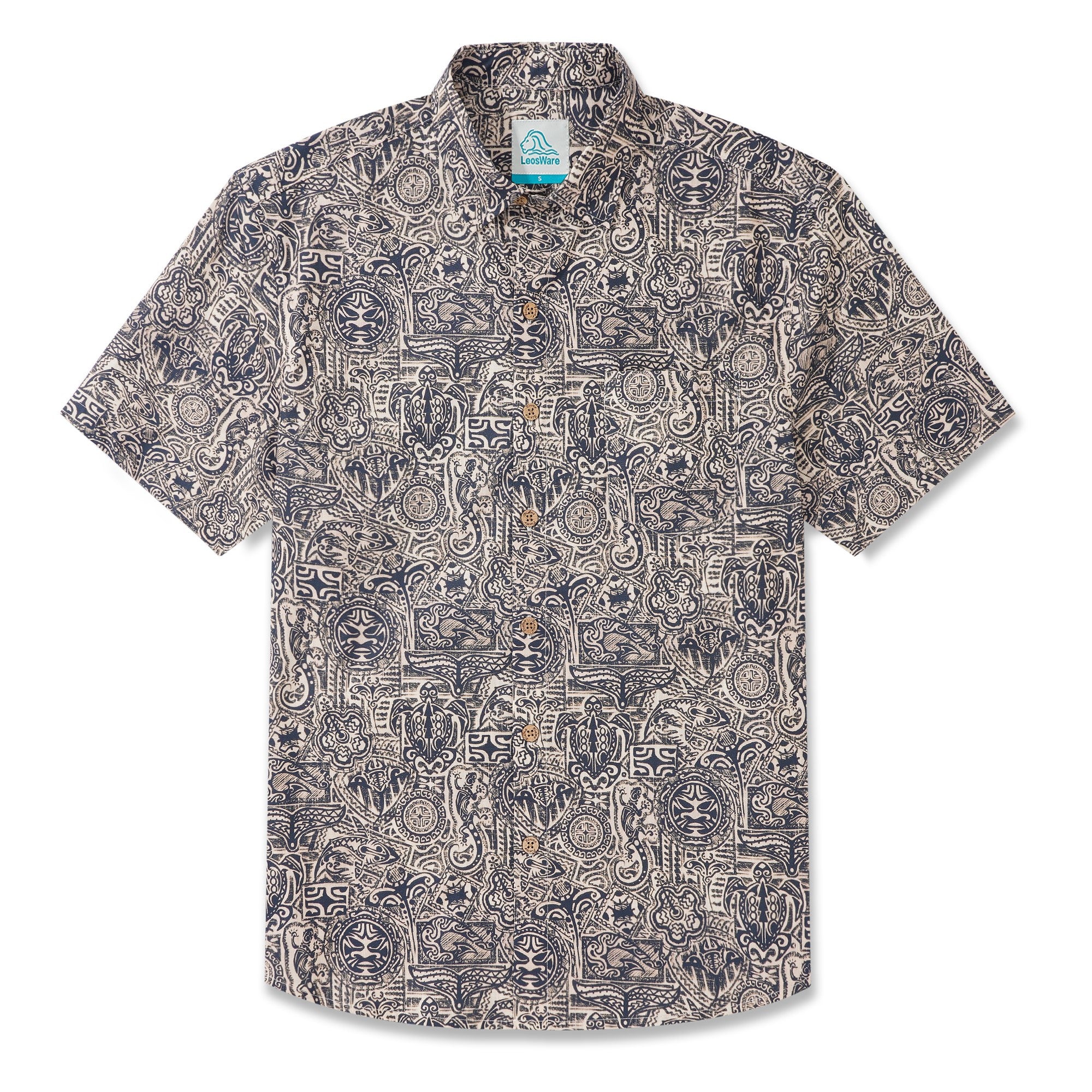 LeosWare® Men's Hawaiian Shirt Short Sleeve Button-up 100% Cotton Blue Aloha Exotic Tribe Gray-blue Art Pattern Painting