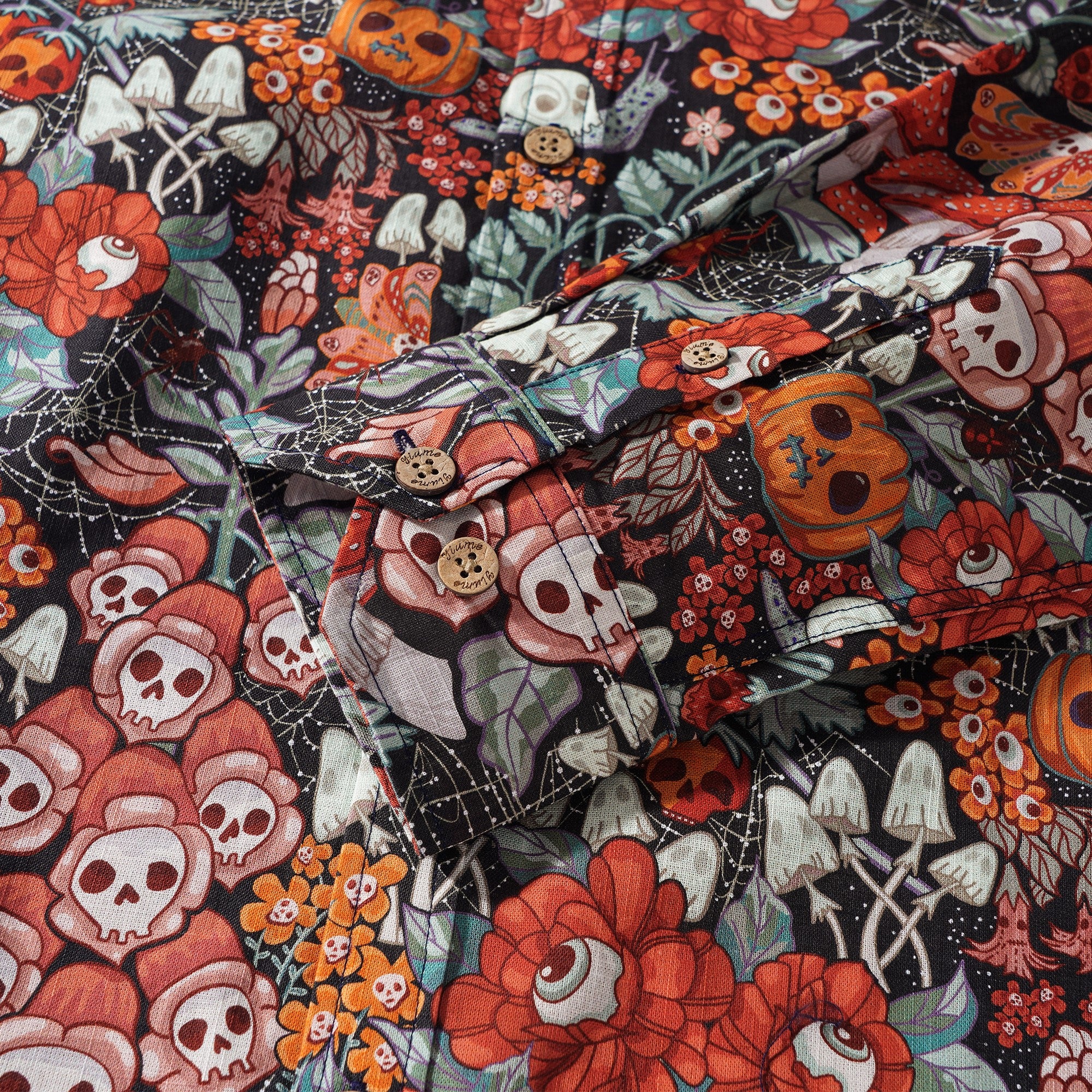 Men's Hawaiian Shirt Long Sleeve Button-down 100% Cotton Green Aloha Halloween Cottage Garden By Bienvenido Colorido