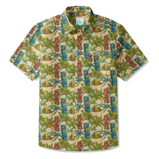LeosWare Men's Hawaiian Shirt, green tiki design, coconut island theme