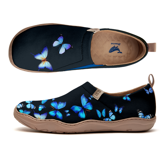 Arte femenino de Yiume zapatos de lona casual slip-lienzo de mariposa negra y azul pintada, 100% de algodón de algodón mariposa de medianoche