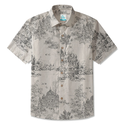 LeosWare® Men's Hawaiian Shirt Short Sleeve Button-up 100% Cotton Gray Aloha European Style Architectural Sketching