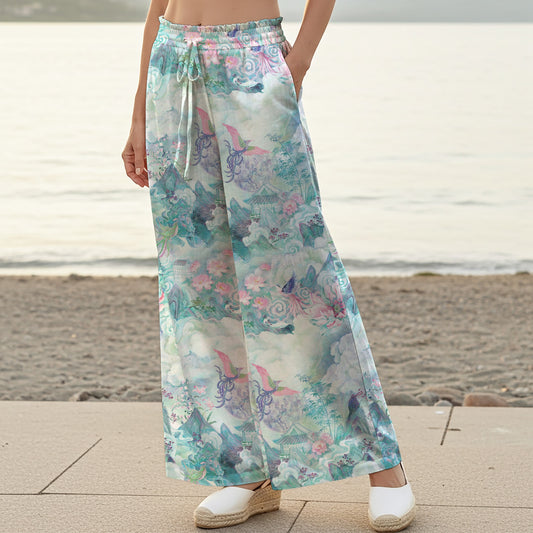 Women Casual Pants Lounge Elastic Waist Drawstring with Pockets 100% Cotton Blue Aloha Painted Scroll Of The Celestial Garden