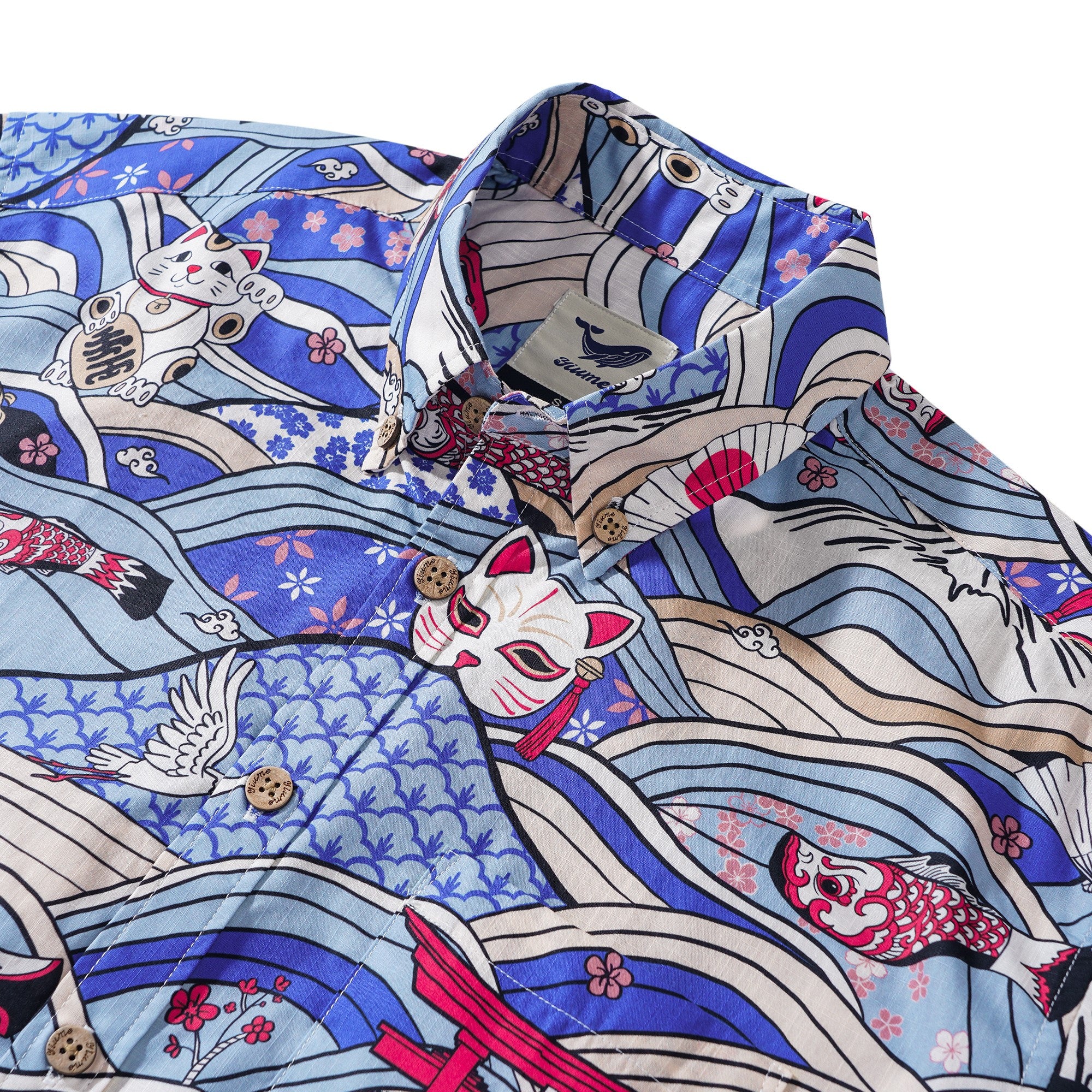 Herren-Hawaiian-Hemd Kurzärmel Button 100% Baumwolle Beige Aloha Neo-Ukiyo-e