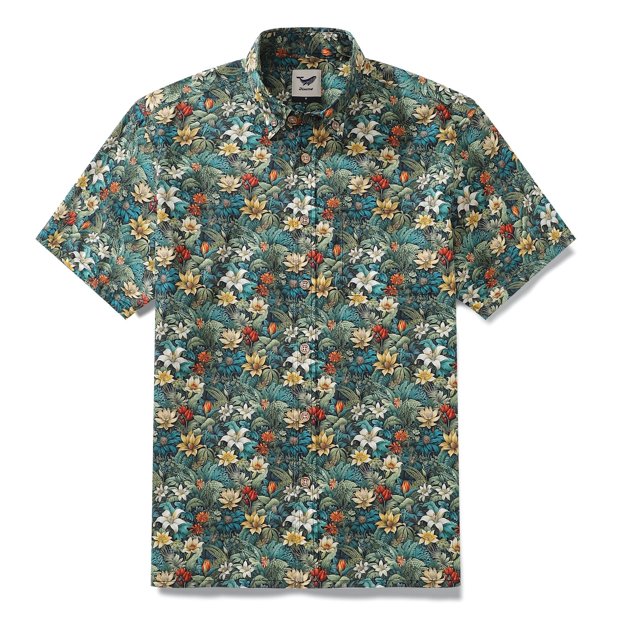Herren Hawaiian Shirt Grünes Baumwoll-Knopfhemd Kurzarm Aloha Shirt