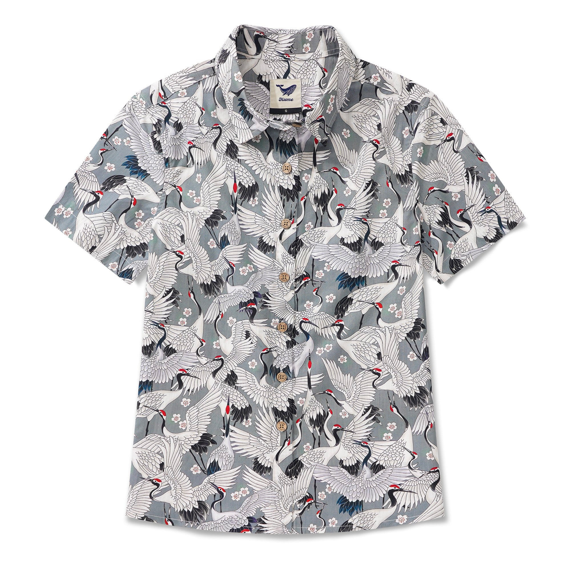 Women's Hawaiian Shirt Short Sleeve Button-up 100% Cotton Gray Aloha The Feast Of Cranes