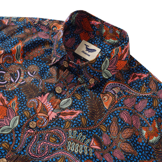 Men's Hawaiian Shirt Long Sleeve Button-down 100% Cotton Green Aloha Chameleon Ankara