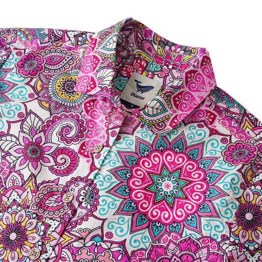 Chemise à boutons pour femmes à manches courtes en coton 100 % Mandala Rose de la Saint-Valentin Aloha Hawaïenne Rouge