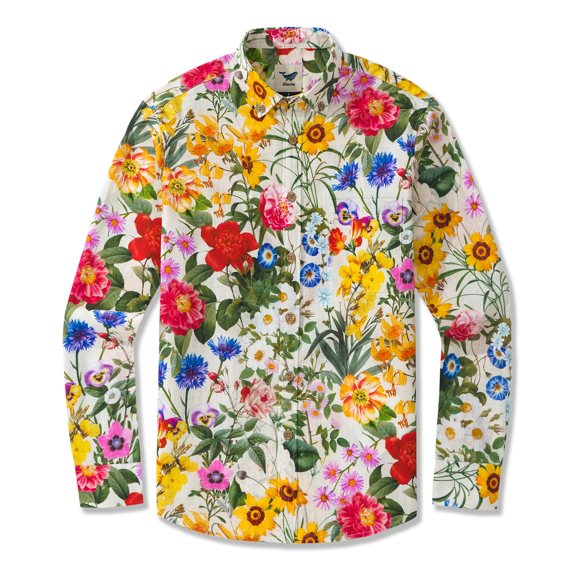 Chemise hawaïenne à manches longues pour hommes Fleurs ensoleillées 100 % coton Chemise Aloha à boutons