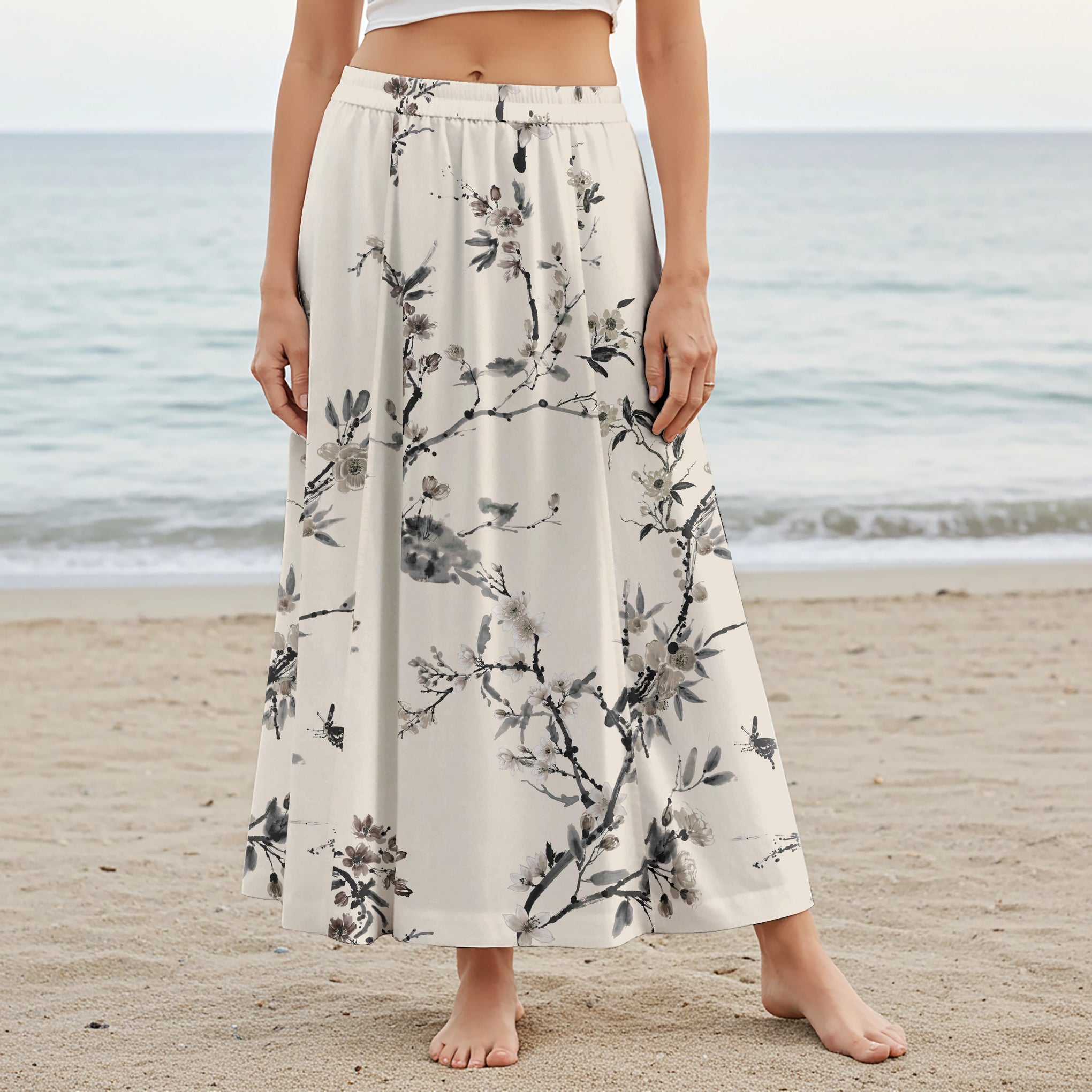 Women Casual Maxi Skirt Long Elastic Waist with Pockets 100% Cotton Gray Aloha Tranquil Ink Floral Art