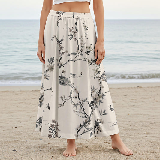 Women Casual Maxi Skirt Long Elastic Waist with Pockets 100% Cotton Gray Aloha Tranquil Ink Floral Art