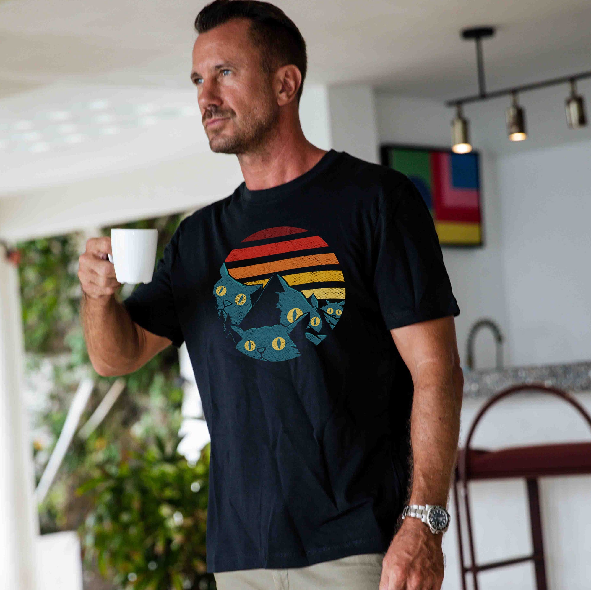 Hawaiian T-Shirt für Männer Vintage Vibes Katzen T-Shirt Rundhals 100% Baumwolle - SCHWARZ