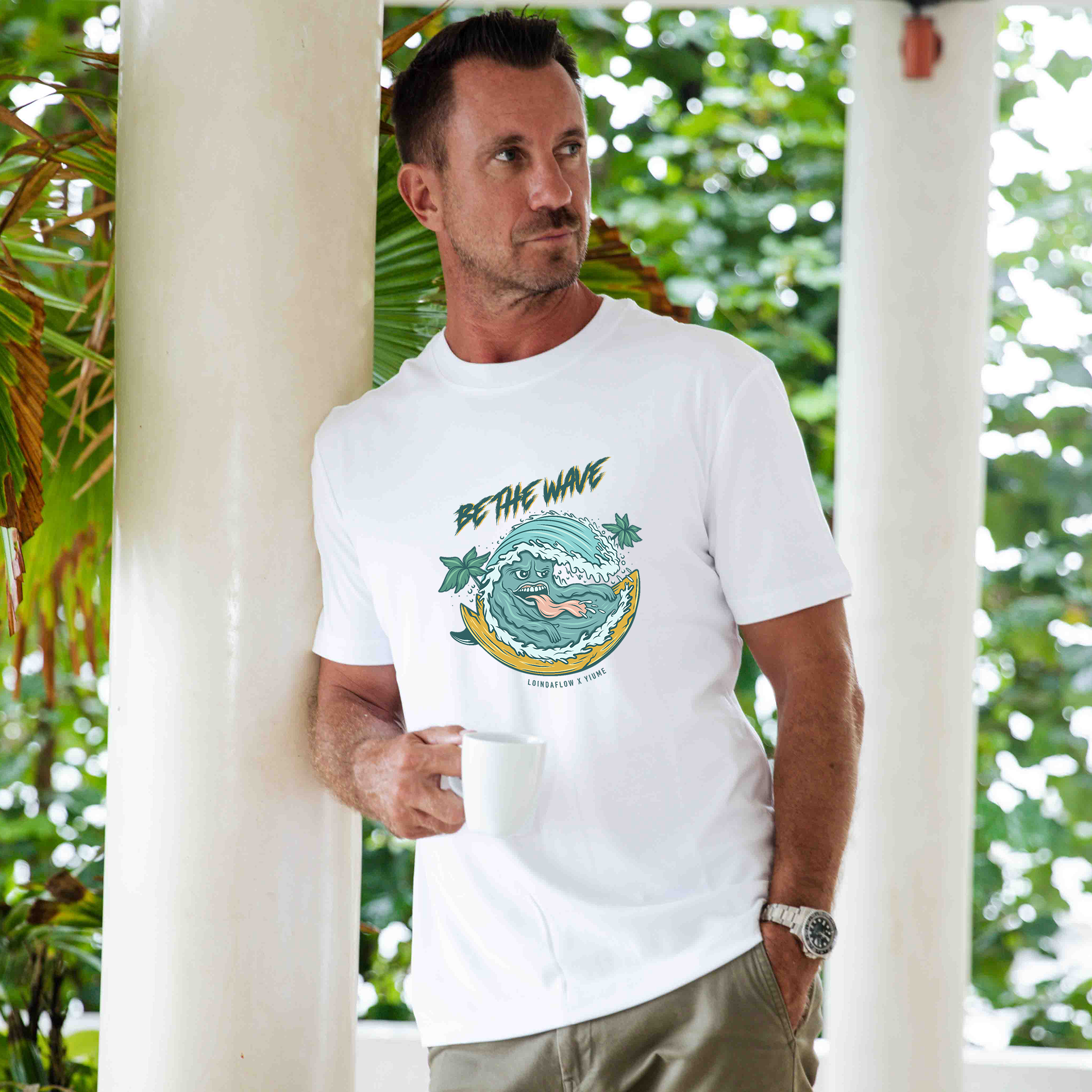 Hawaiian Tee For Men Be the Wave By Loindaflow Tee Crew Neck 100% Cotton - WHITE