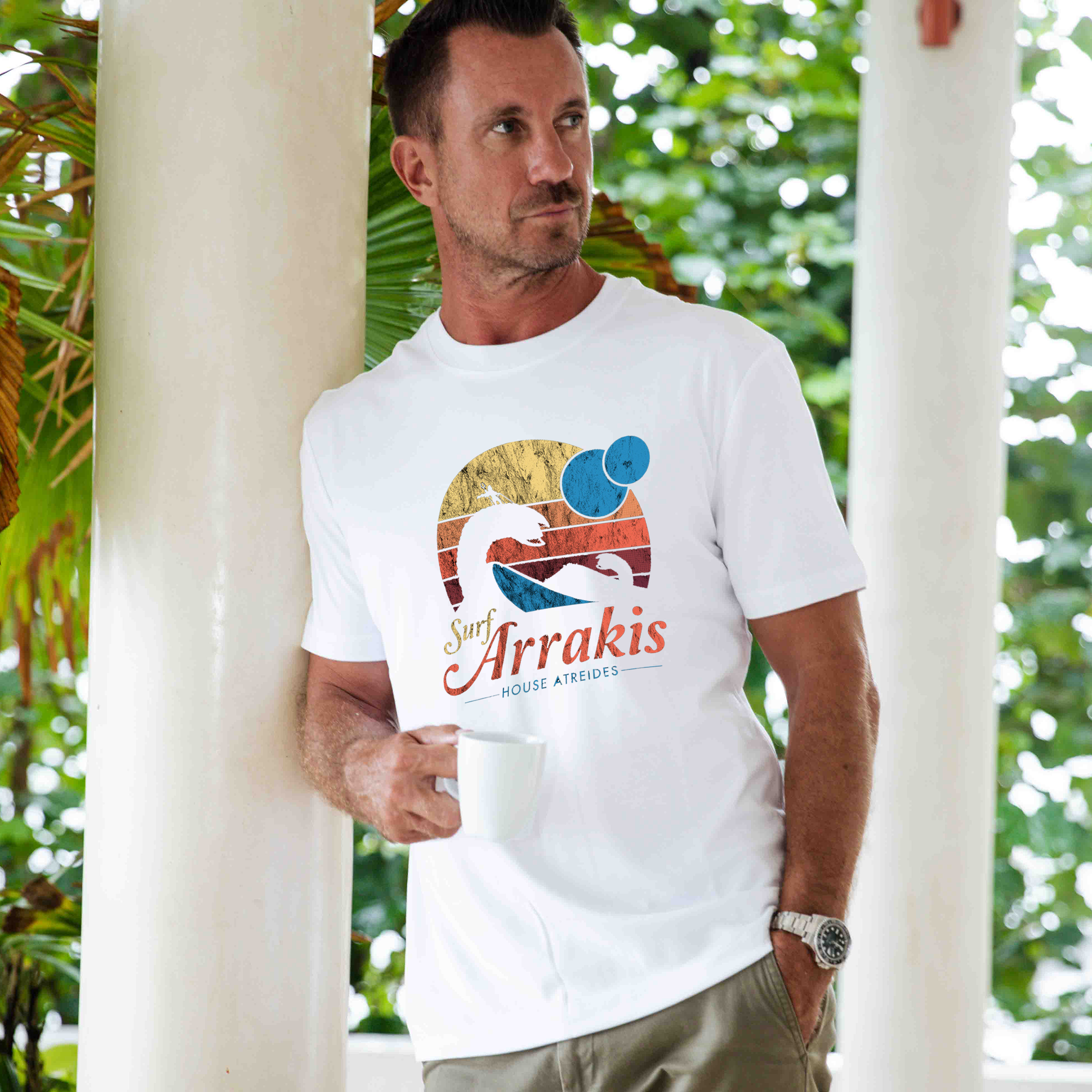Hawaiianisches T-Shirt für Herren Vintage Abgenutztes Surf-T-Shirt Rundhalsausschnitt 100% Baumwolle - WEISS