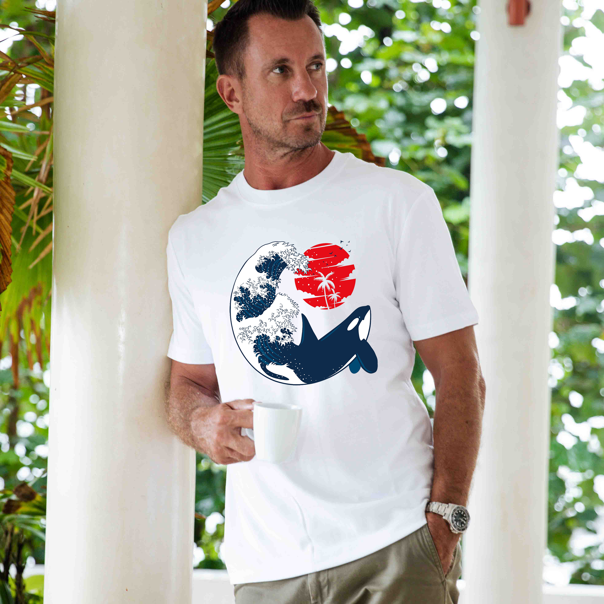 Hawaiian Tee für Männer Das Killer Wave Tee Rundhals 100% Baumwolle - WEISS