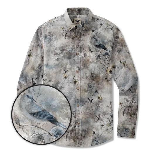 Camisa Hawaiana de Hombre de Manga Larga con Botones 100% Algodón Gris Aloha Flores Sombras y Gracia de Gorrión