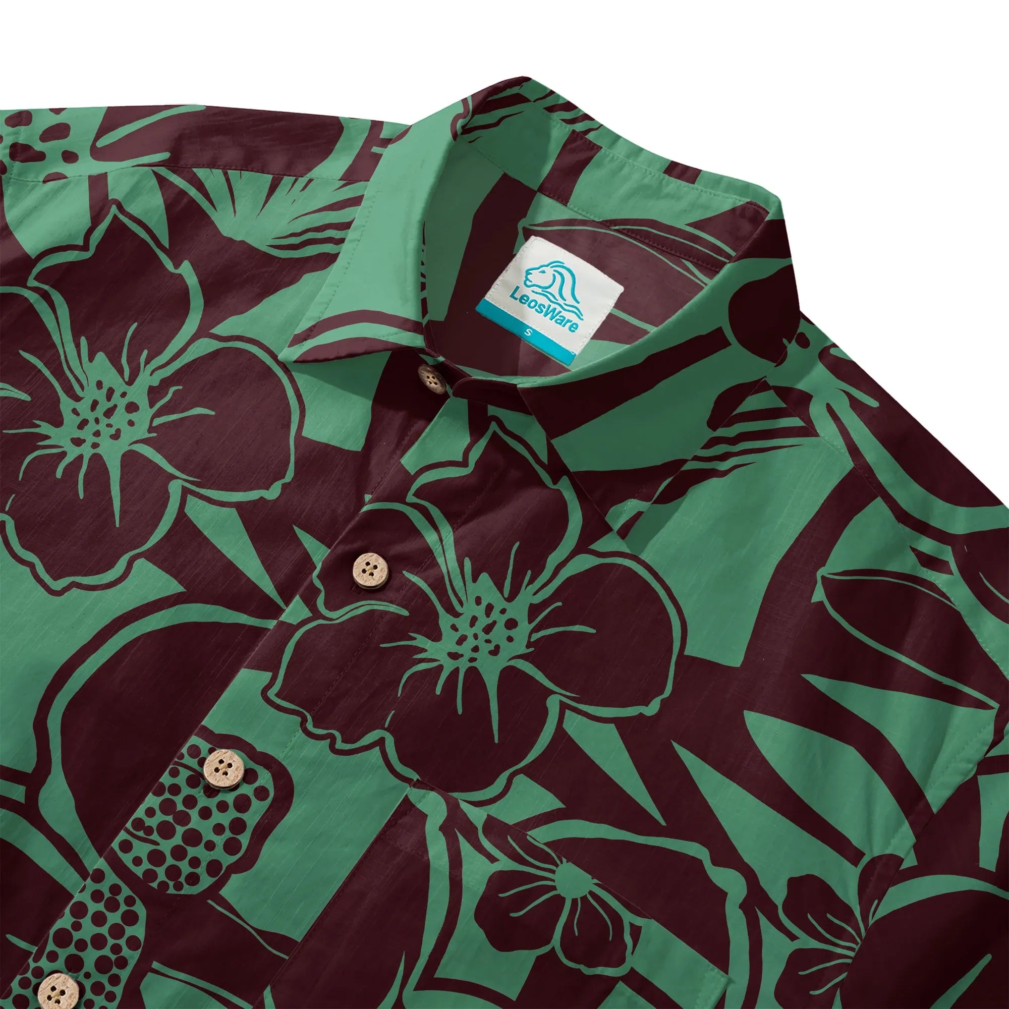 Close-up of green tropical flower print on Hawaiian shirt