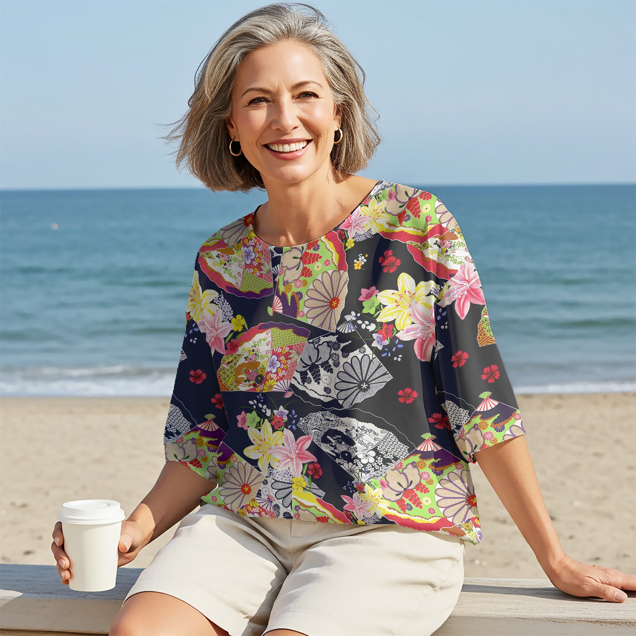 Women Casual Blouse Elbow Sleeve Round Neck Button-Back 100% Lyocell Blue Aloha Graceful Japanese Floral Fan