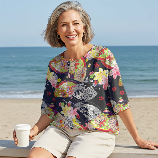 Women Casual Blouse Elbow Sleeve Round Neck Button-Back 100% Lyocell Blue Aloha Graceful Japanese Floral Fan